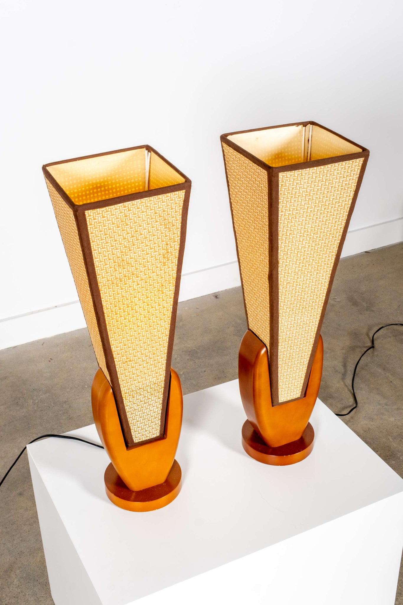 Pair of Webbing + Wood Table Lamps