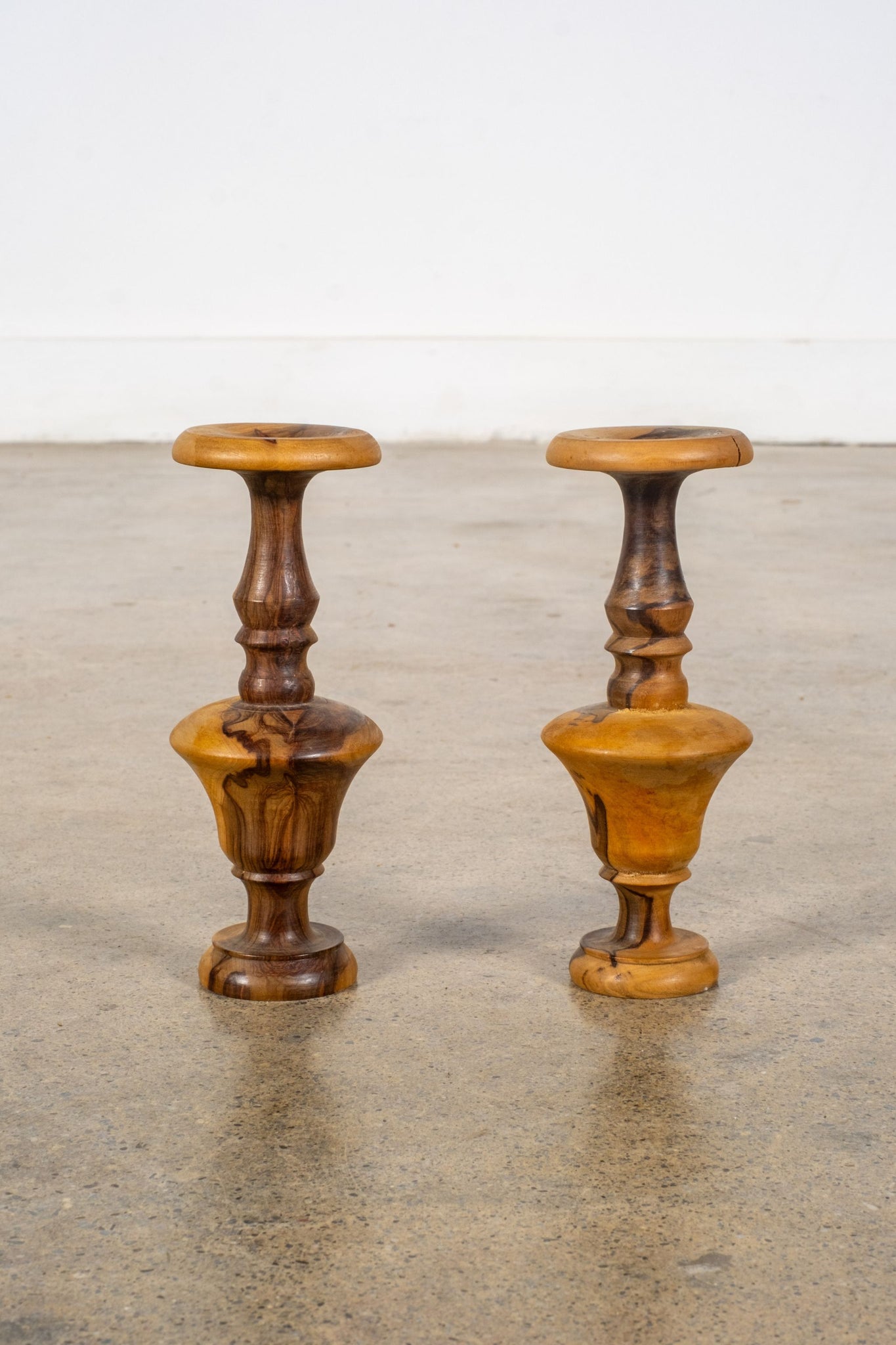 Pair Of Turned Olive Wood Candleholders | Bonne Choice