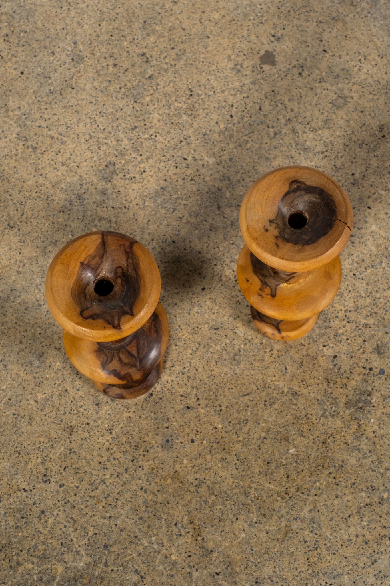 Pair Of Turned Olive Wood Candleholders | Bonne Choice