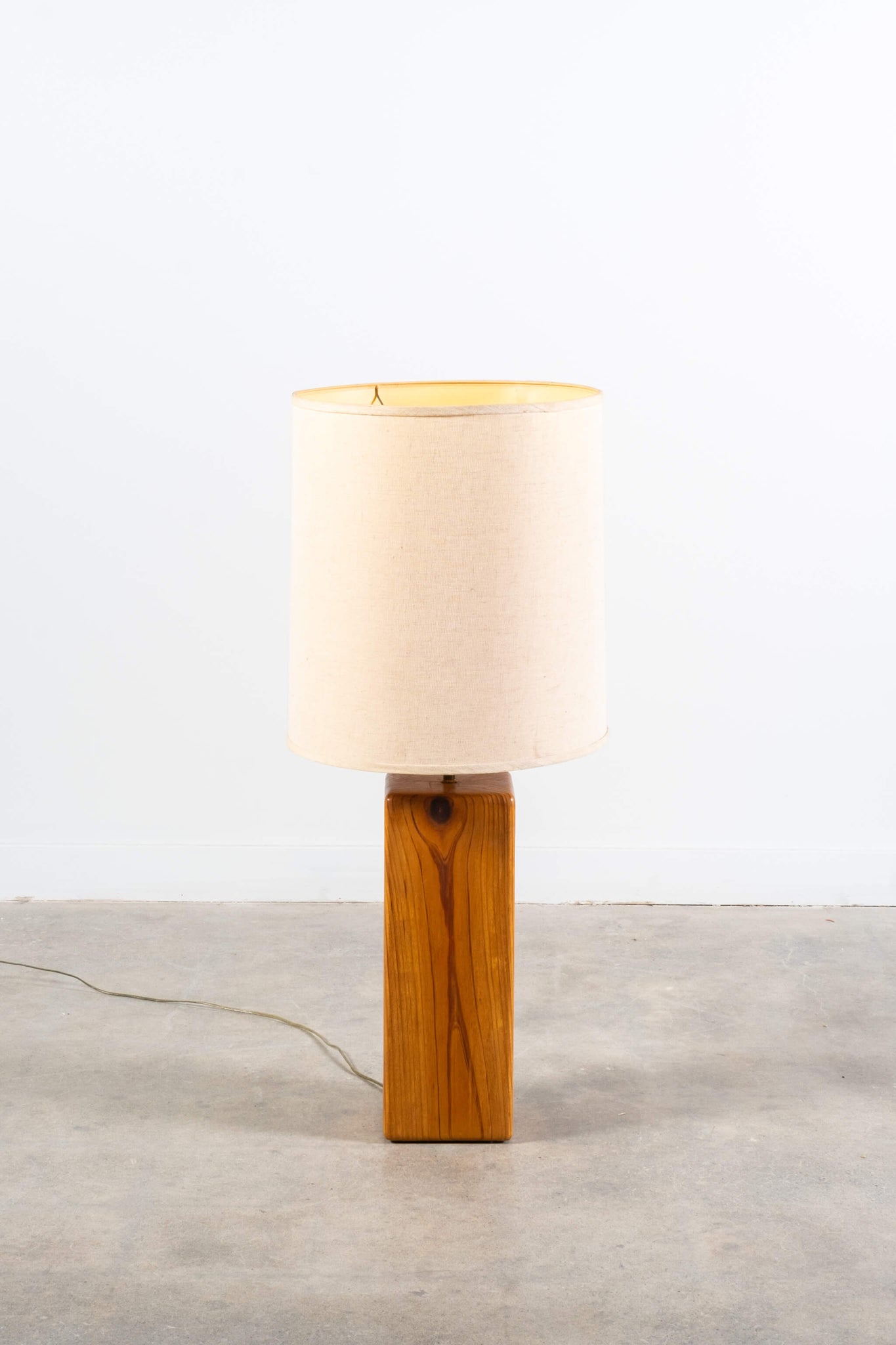 Vintage Pine Block Table Lamp with Cream Linen Shade, front view