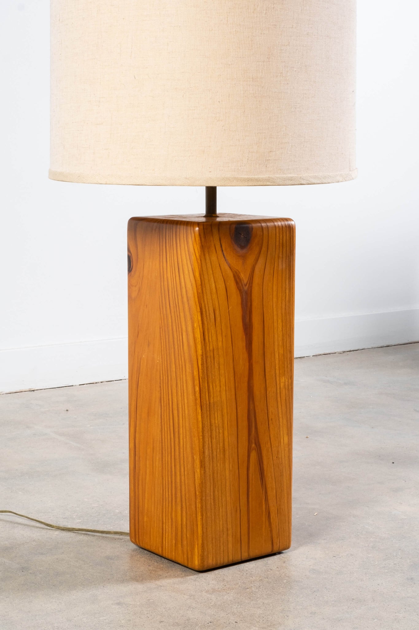 Vintage Pine Block Table Lamp with Cream Linen Shade, base detail view