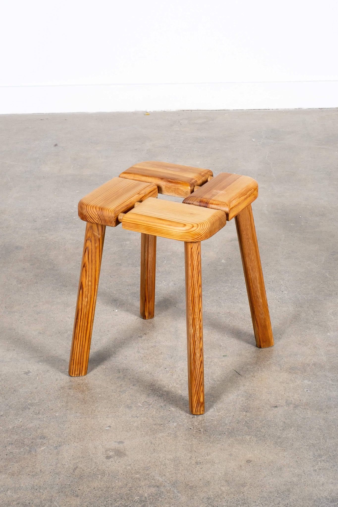 Vintage Pine Sauna Stool with Exposed Dowel Detail, front angled view