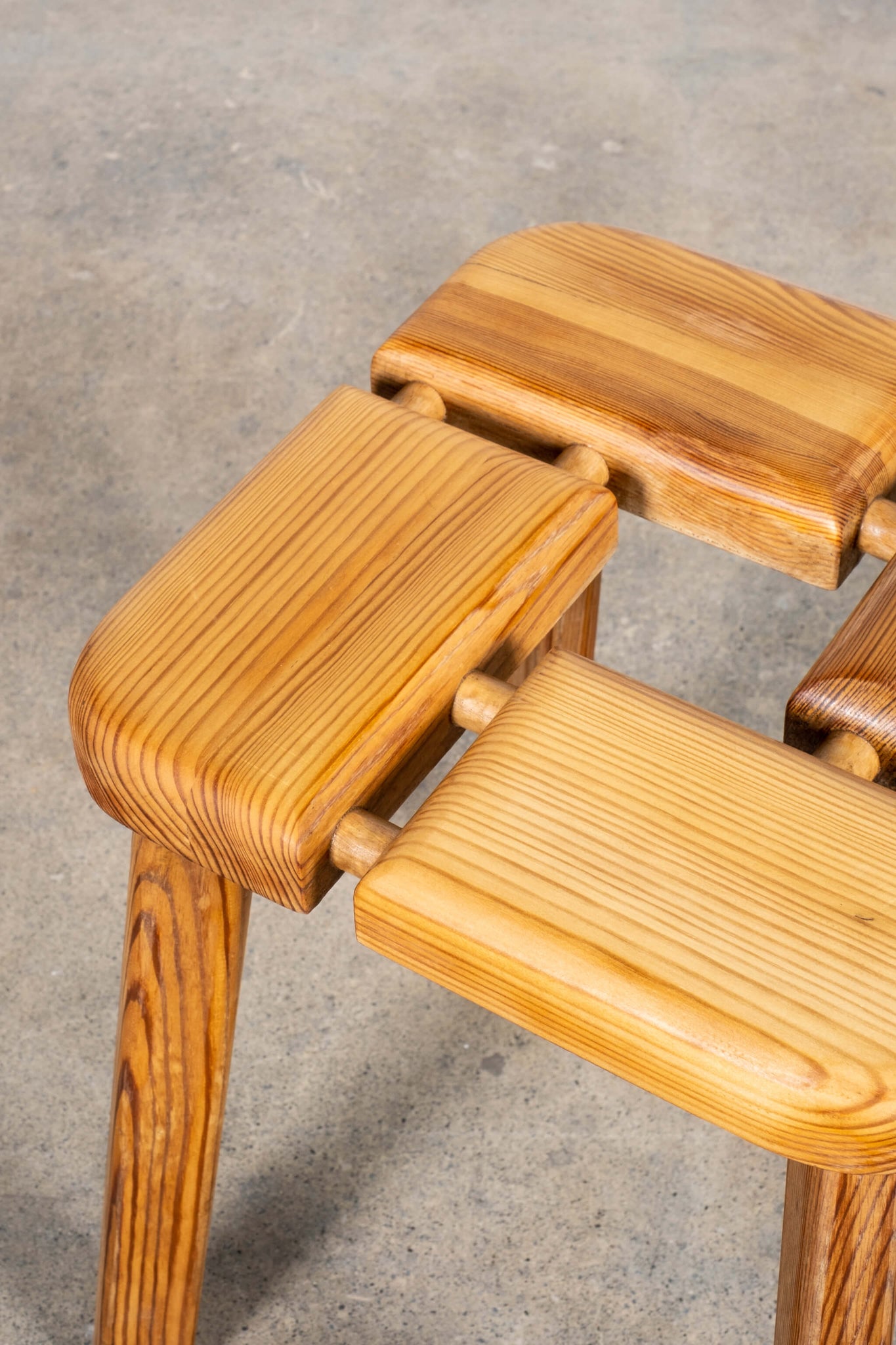 Vintage Pine Sauna Stool with Exposed Dowel Detail, seat detail close up