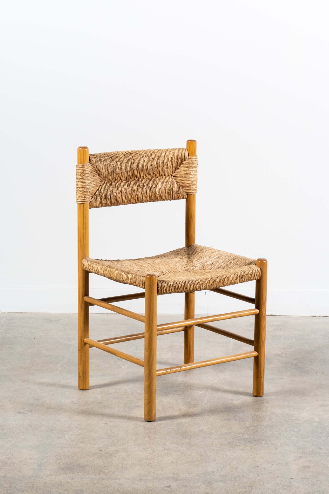 Rare Vintage Dordogne French Dining Chairs with Wood Frame & Woven Jute Seat, front angled view