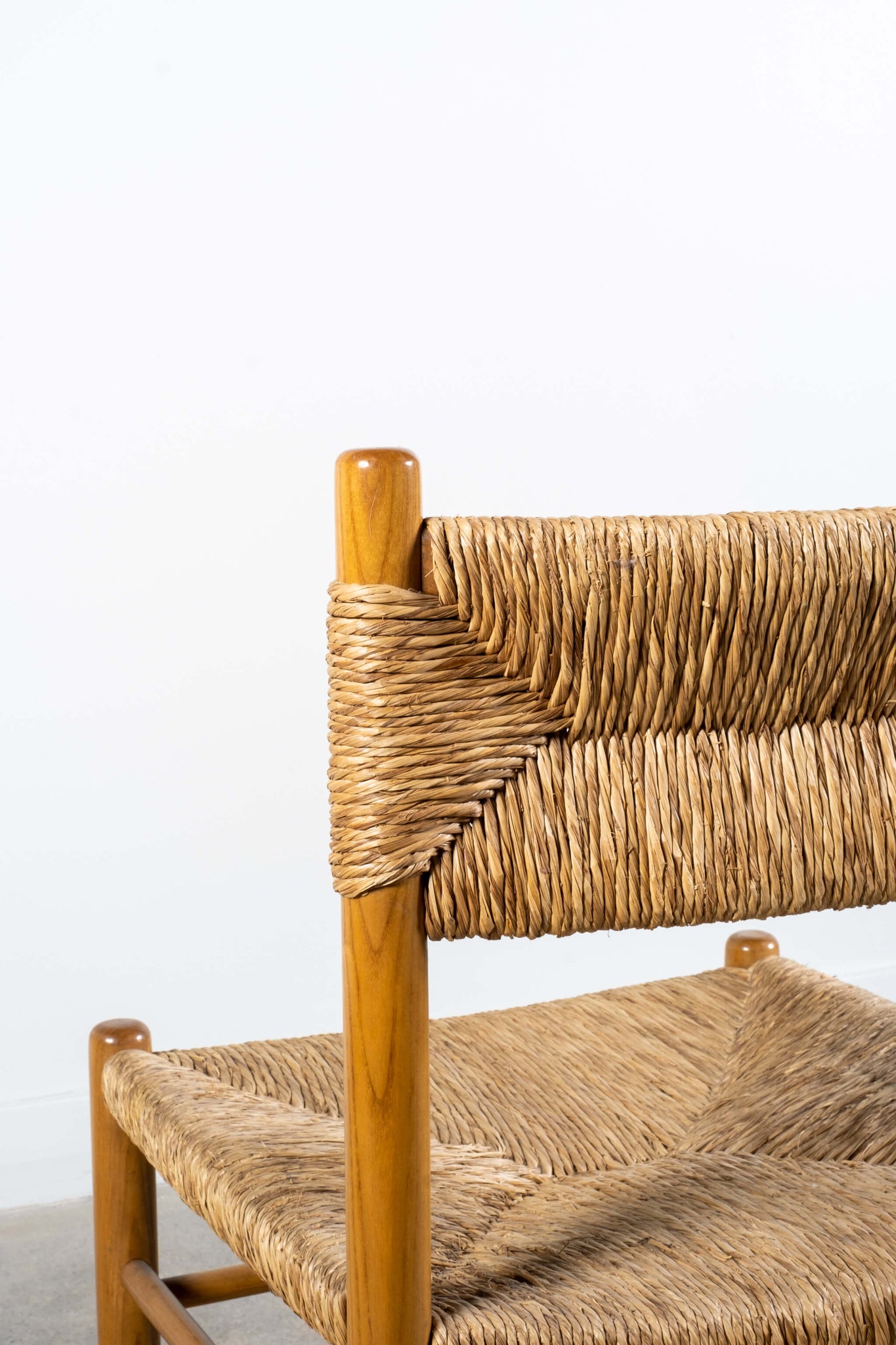Rare Vintage Dordogne French Dining Chairs with Wood Frame & Woven Jute Seat, back detail view