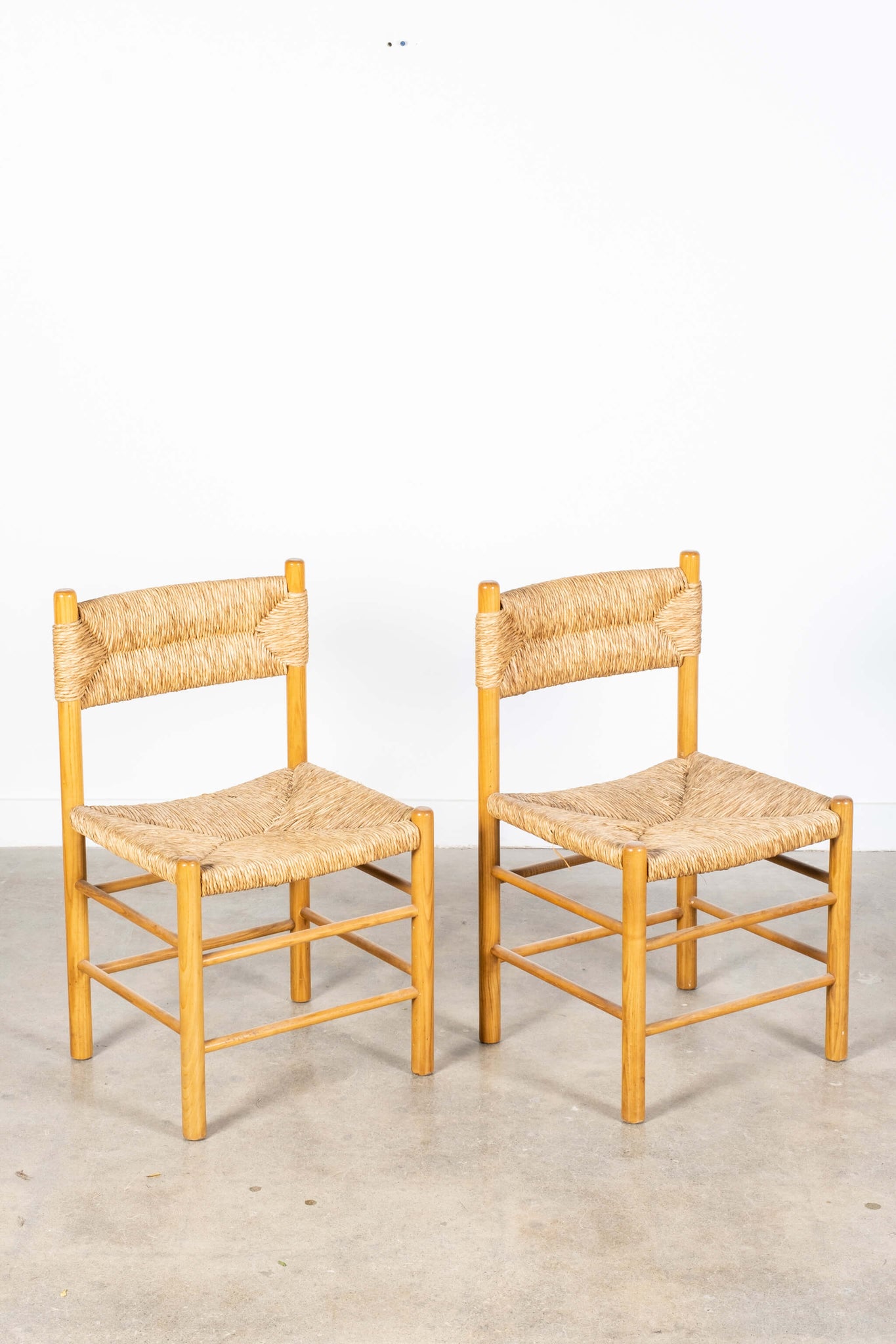 Rare Vintage Dordogne French Dining Chairs with Wood Frame & Woven Jute Seat, shown side by side