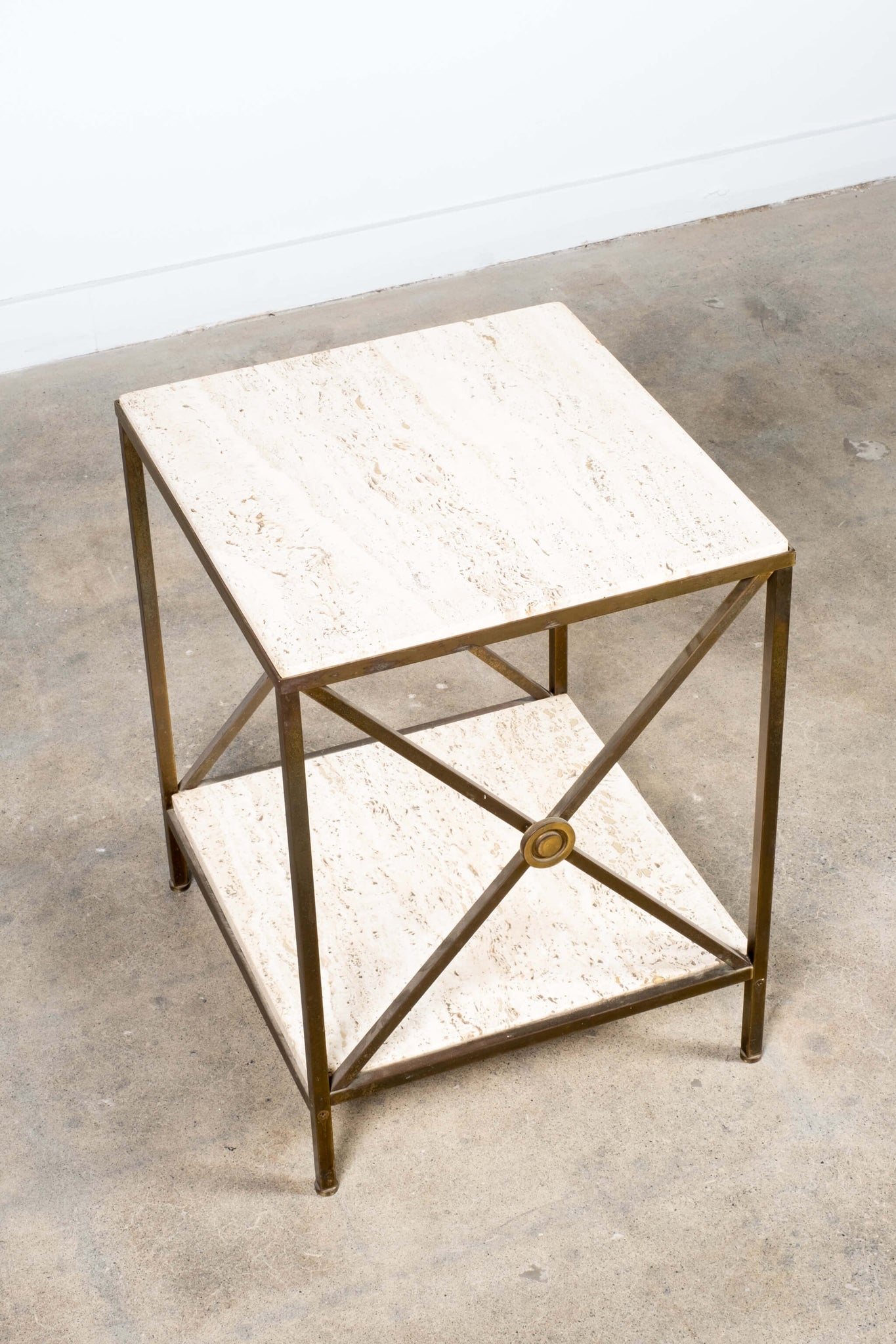 Vintage Regency 2 Tier Side Table Brass and Travertine, top view