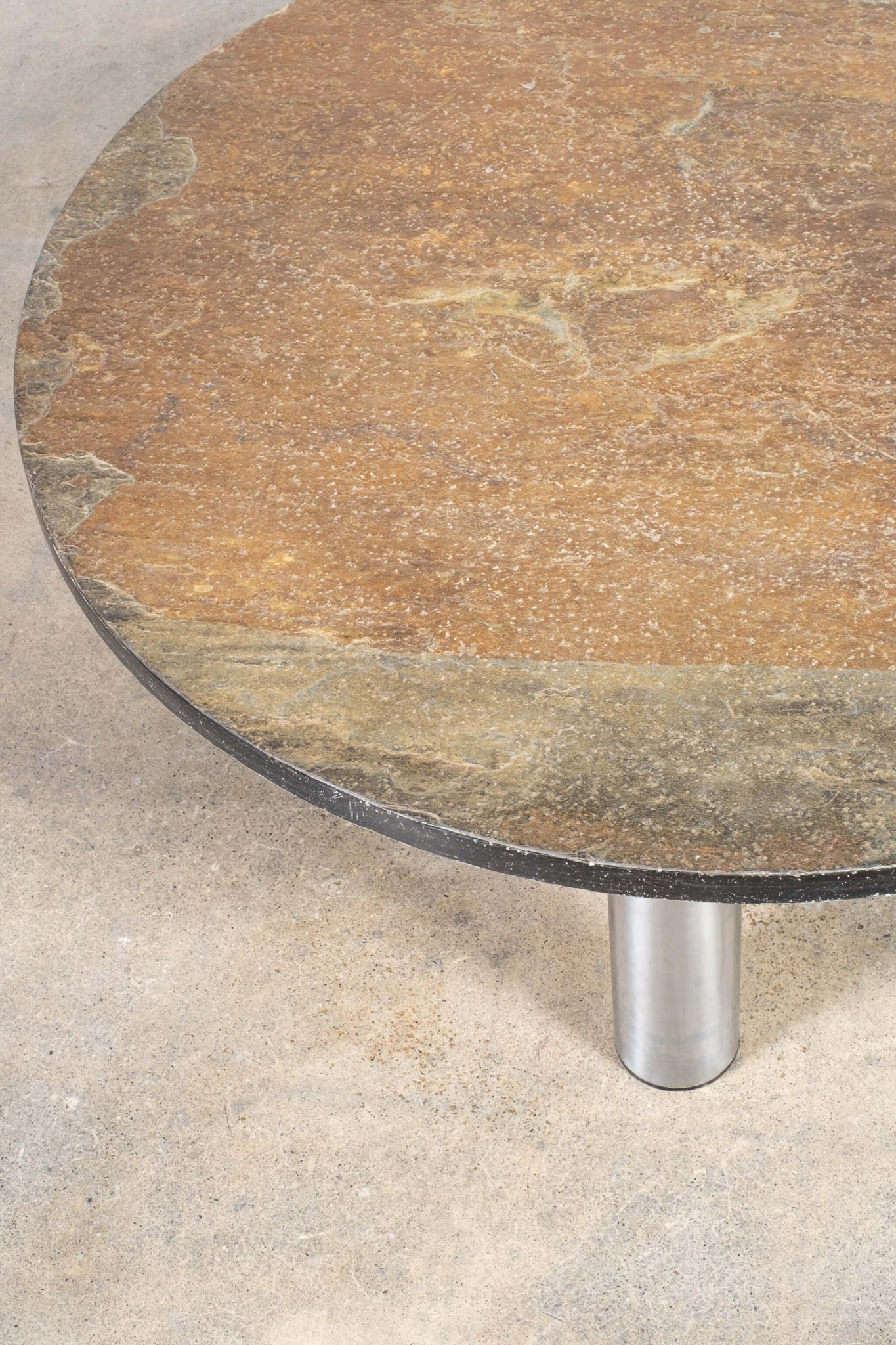 Vintage Round Coffee Table with Metal Frame and Slate Stone Top, top view