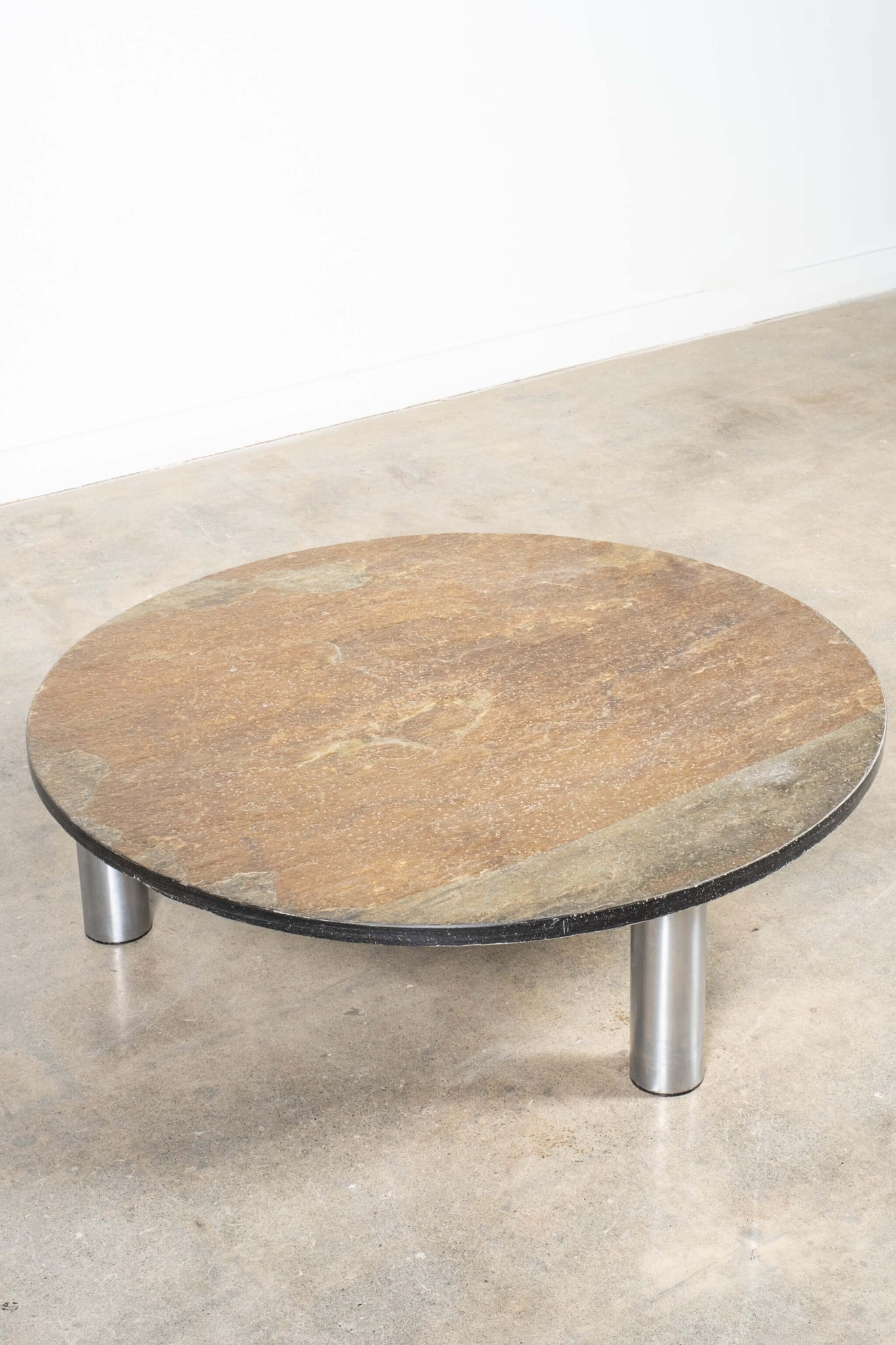 Vintage Round Coffee Table with Metal Frame and Slate Stone Top, top view