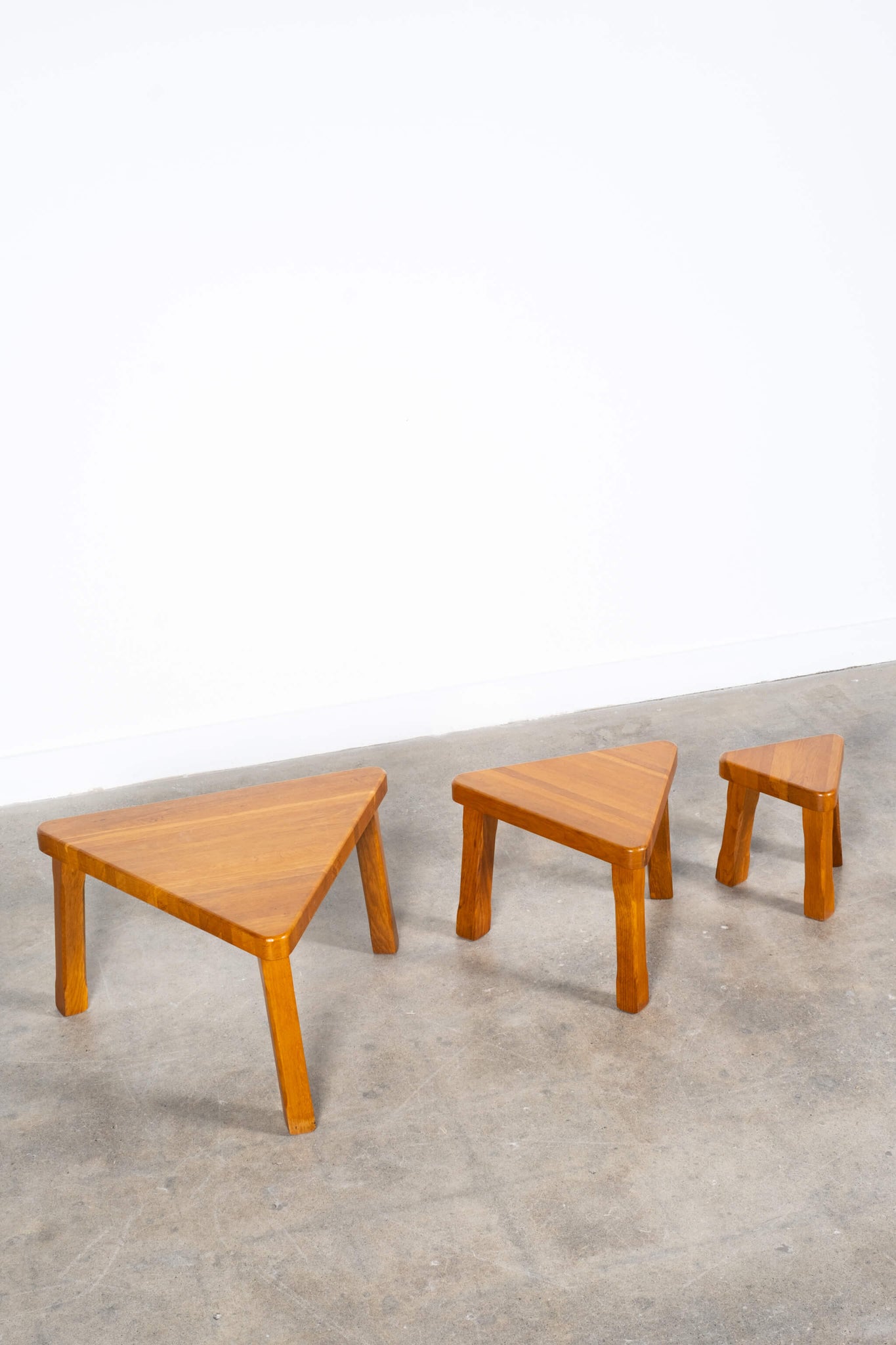 Vintage Set of 3 Brutalist Oak Nesting Tables in the Manner of Pierre Chapo, top view