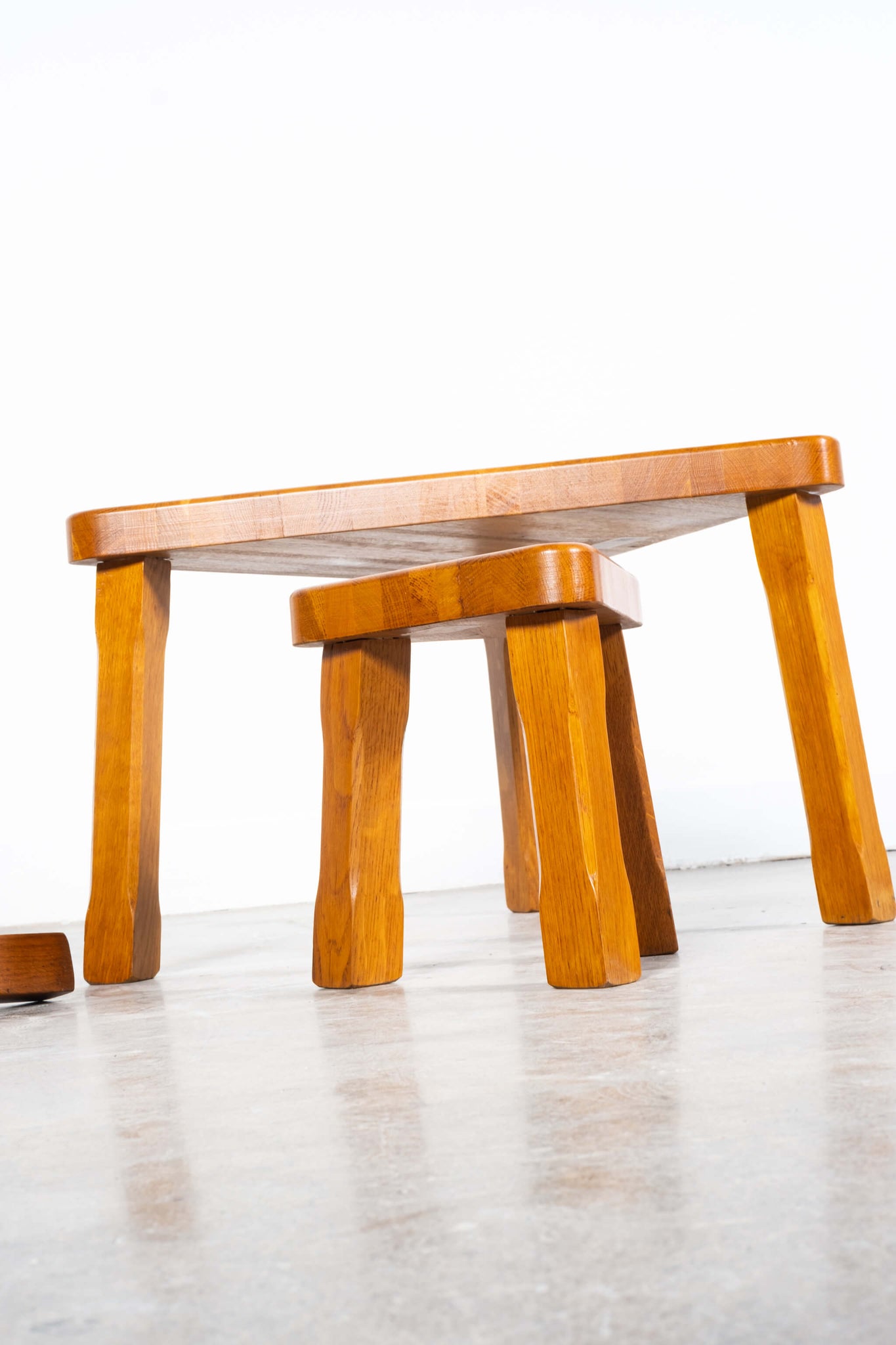 Vintage Set of 3 Brutalist Oak Nesting Tables in the Manner of Pierre Chapo, small and large