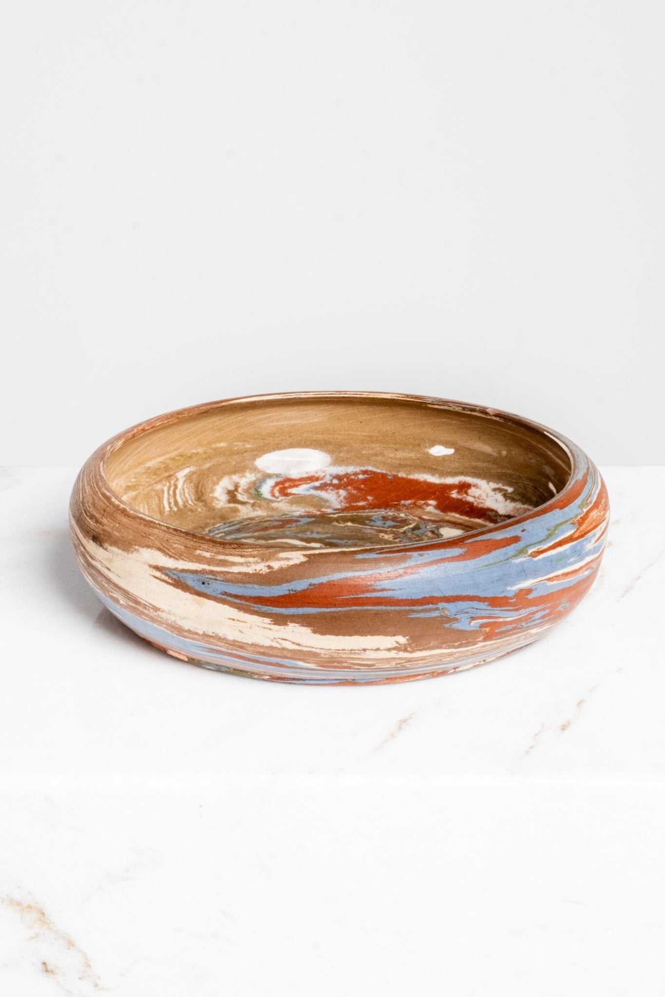 Vintage Shallow Swirl Pottery Bowl, Glazed Interior | Bonne Choice