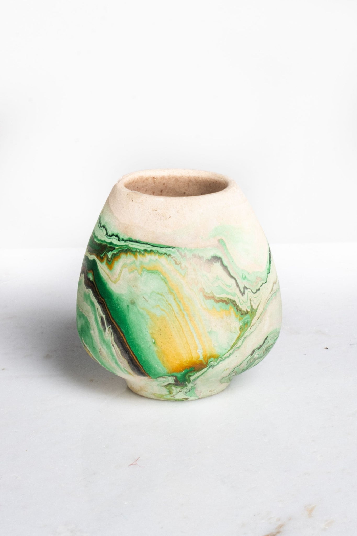 Vintage Small Swirl Pottery Vessel, Marbled Green | Bonne Choice