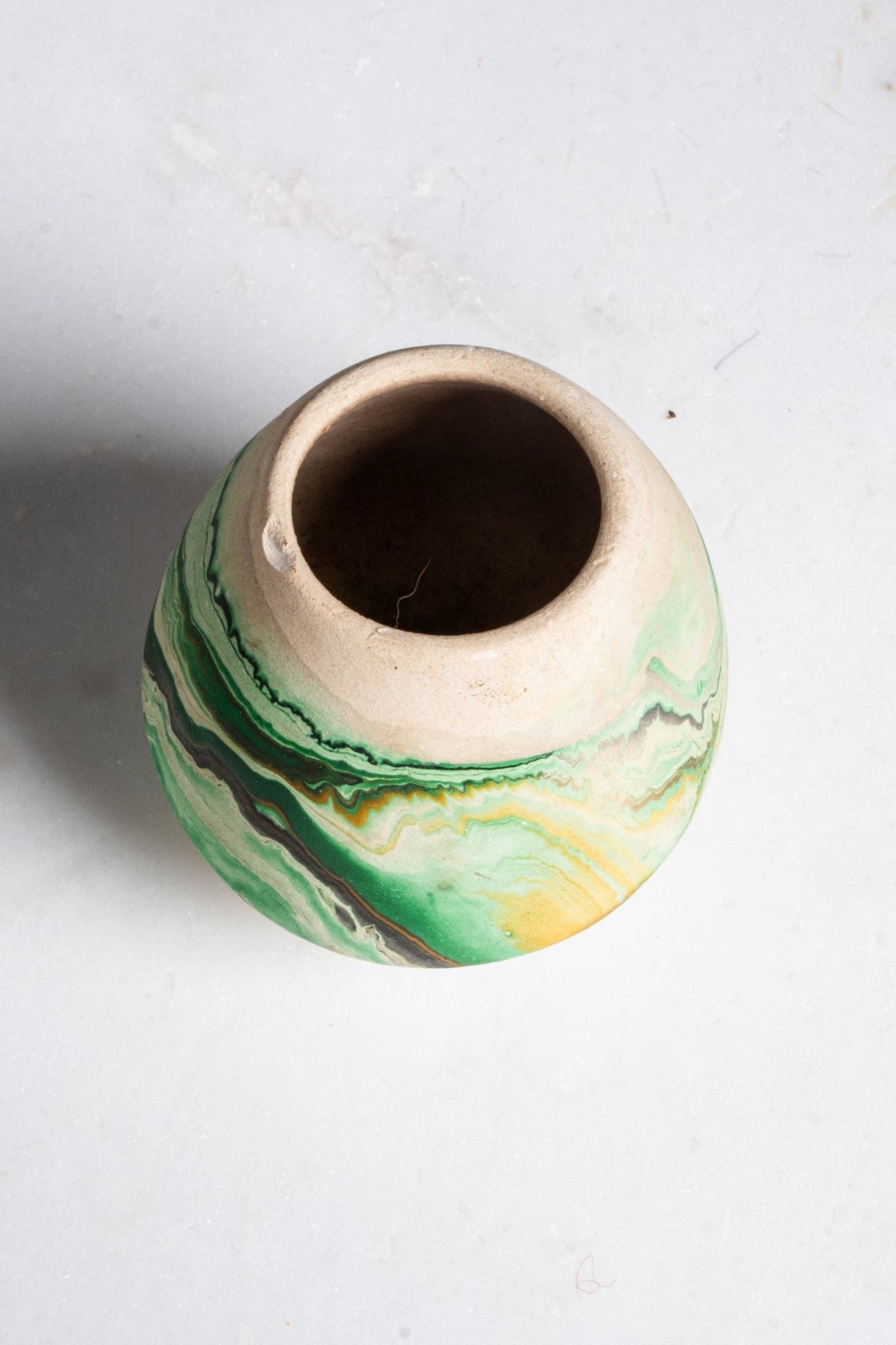 Vintage Small Swirl Pottery Vessel, Marbled Green | Bonne Choice