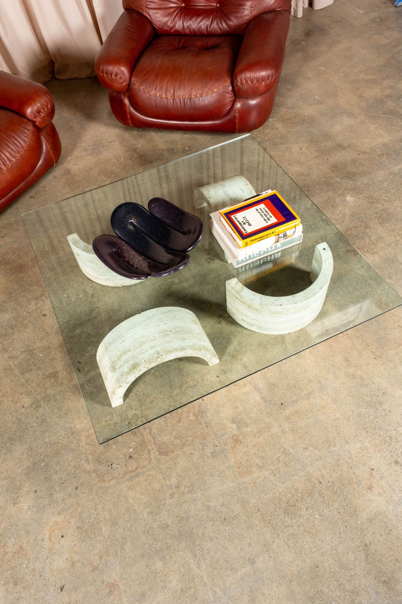 Vintage Travertine + Glass Low Coffee Table, 1-Arches | Bonne Choice 
