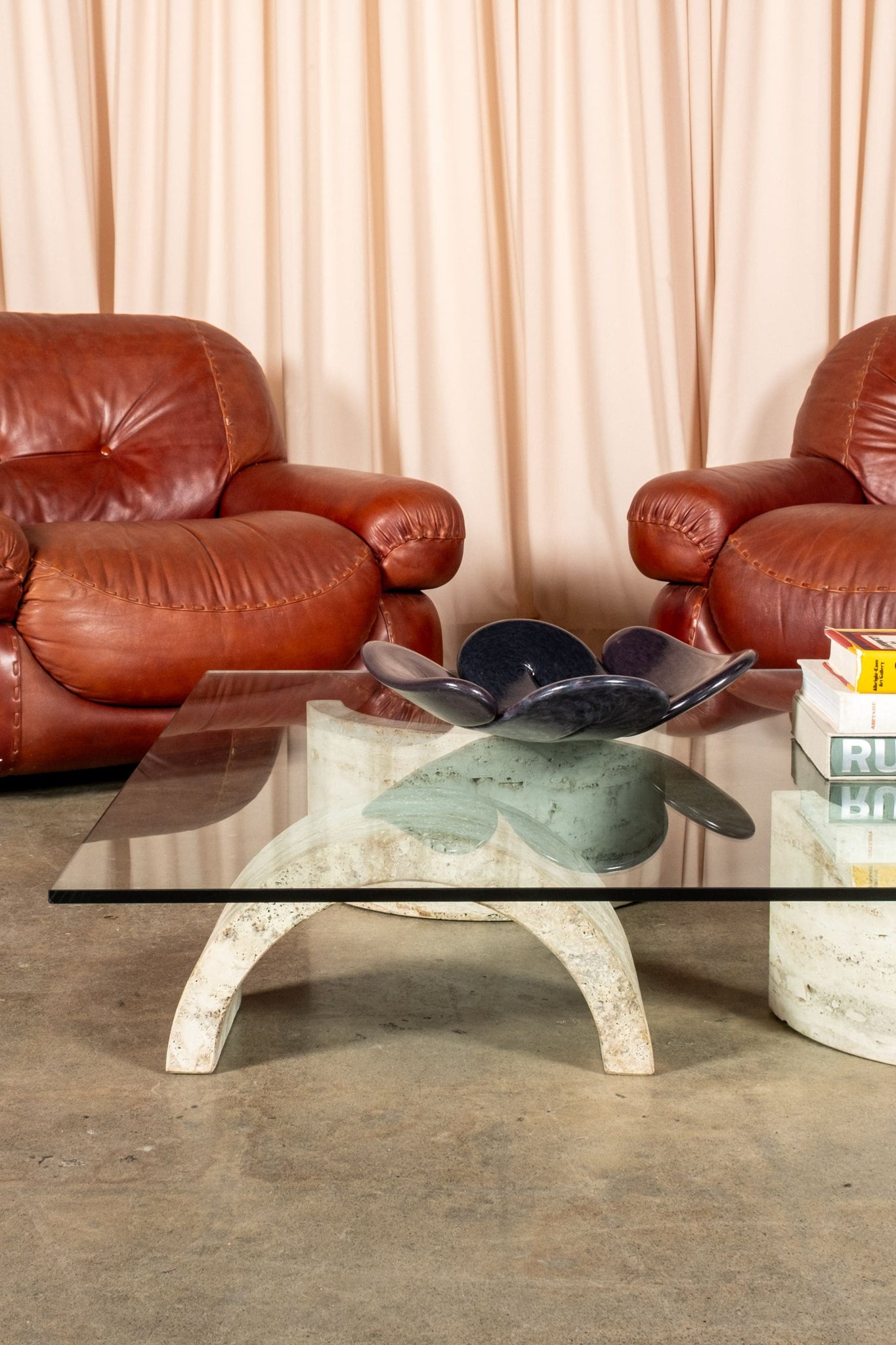 Vintage Travertine + Glass Low Coffee Table, 1-Arches | Bonne Choice 