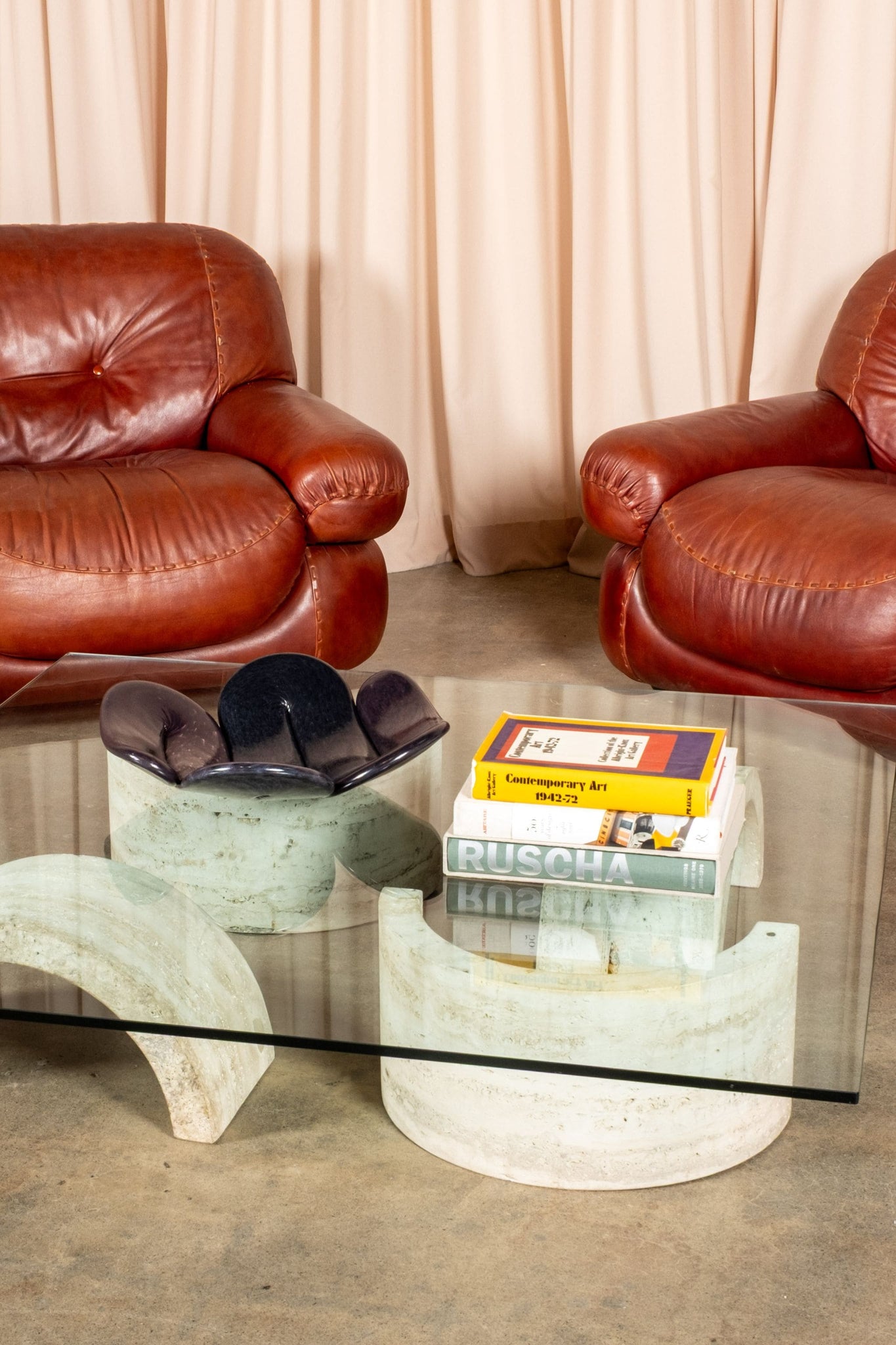 Vintage Travertine + Glass Low Coffee Table, 1-Arches | Bonne Choice 