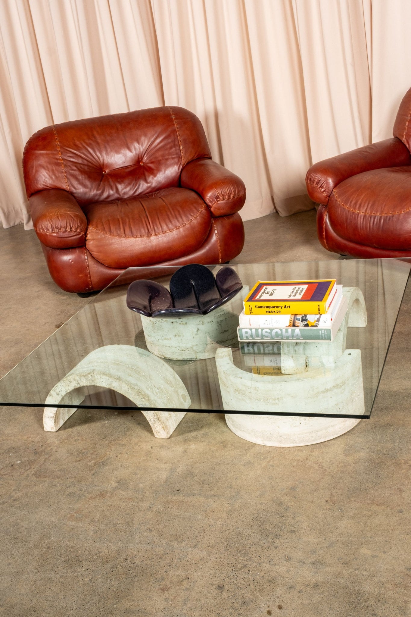 Vintage Travertine + Glass Low Coffee Table, 1-Arches | Bonne Choice 