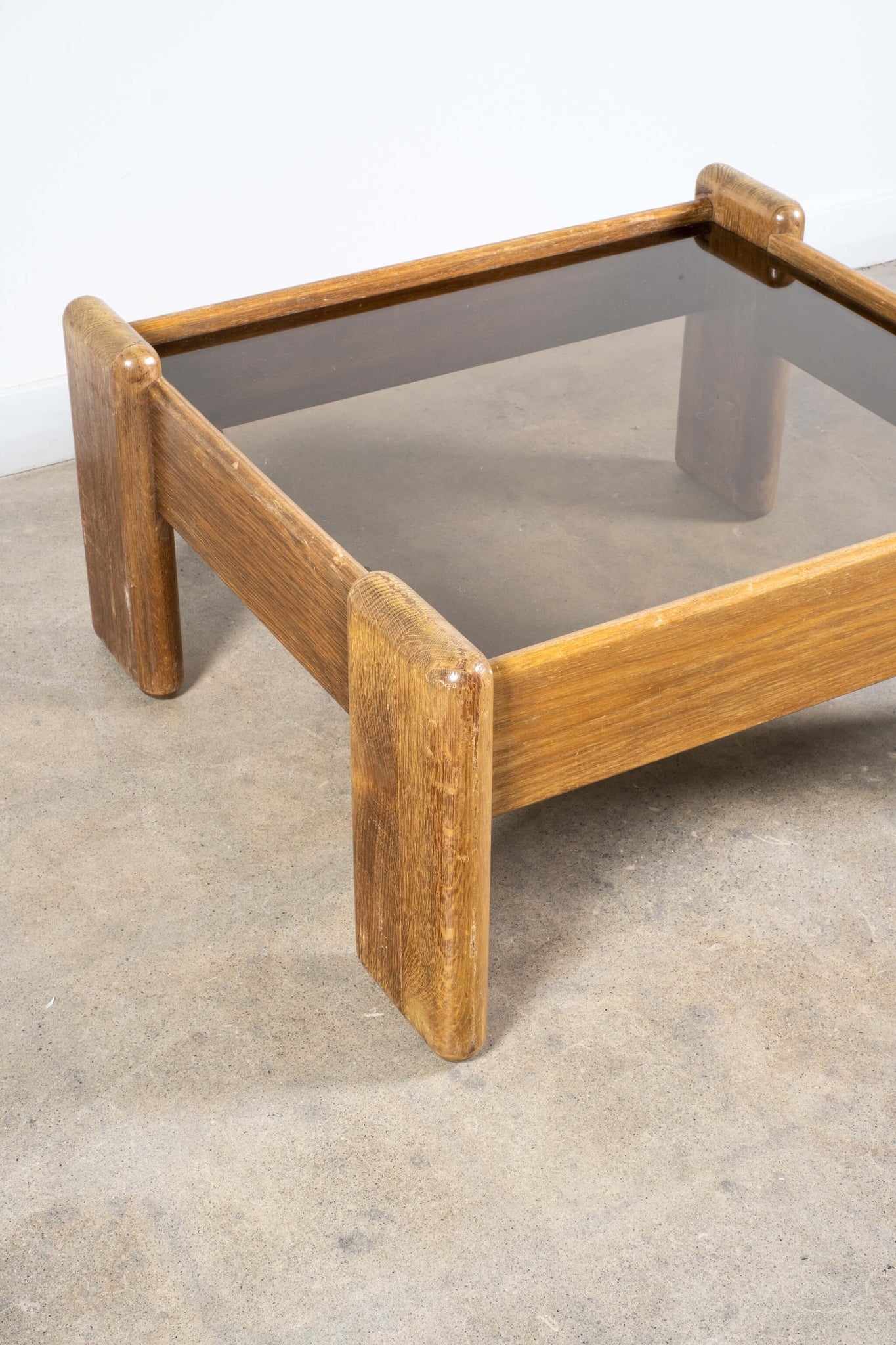 Vintage Belgian Oak Wood Coffee Table with Smoked Glass Top, top view