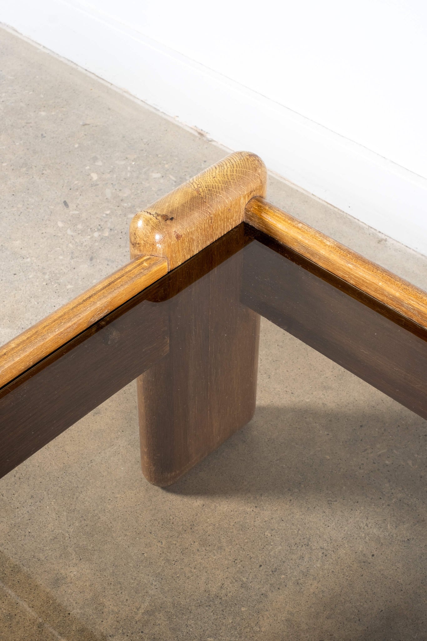 Vintage Belgian Oak Wood Coffee Table with Smoked Glass Top, corner detail view