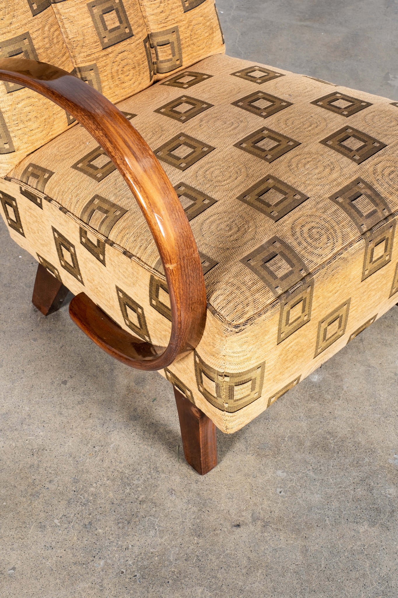 Vintage Walnut Art Deco Armchair, seat and armrest close up