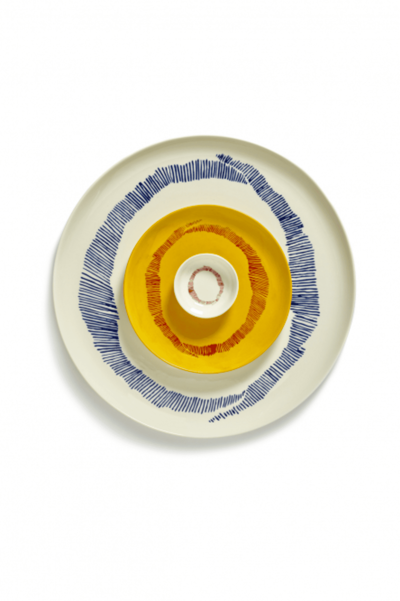 Serving Plate, White Swirl with Blue Stripes Ottolenghi Serax, shown stacked with bowl and dish