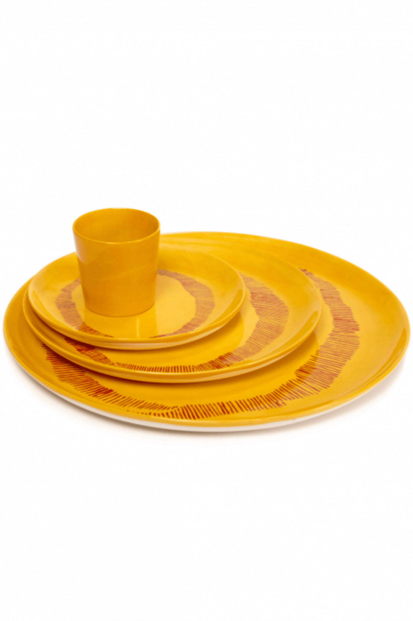 Set of 2 Small Plates, Sunny Yellow Swirl with Red Stripes Ottolenghi Serax, shown stacked
