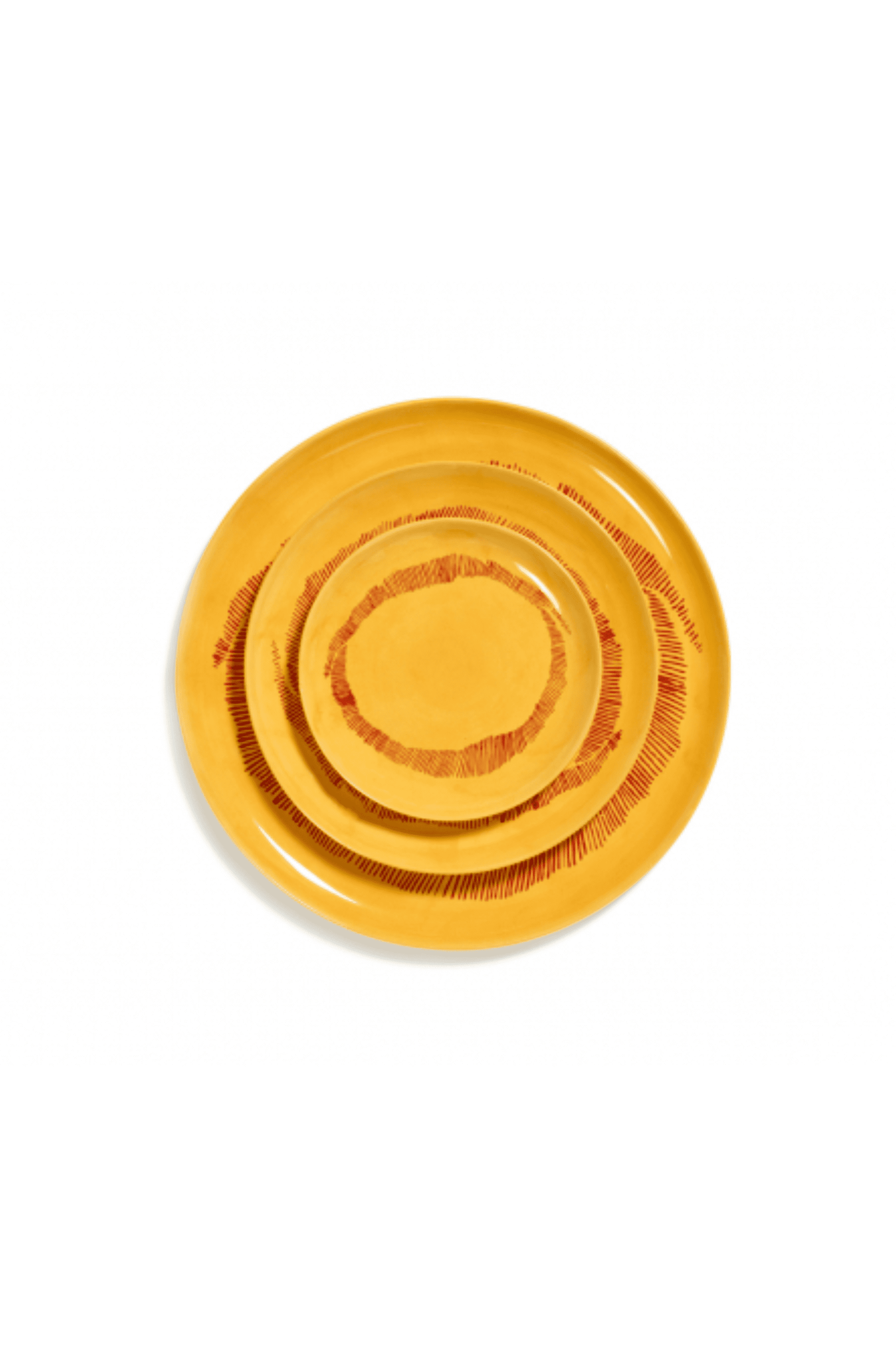 Set of 2 Small Plates, Sunny Yellow Swirl with Red Stripes Ottolenghi Serax, top view shown stacked