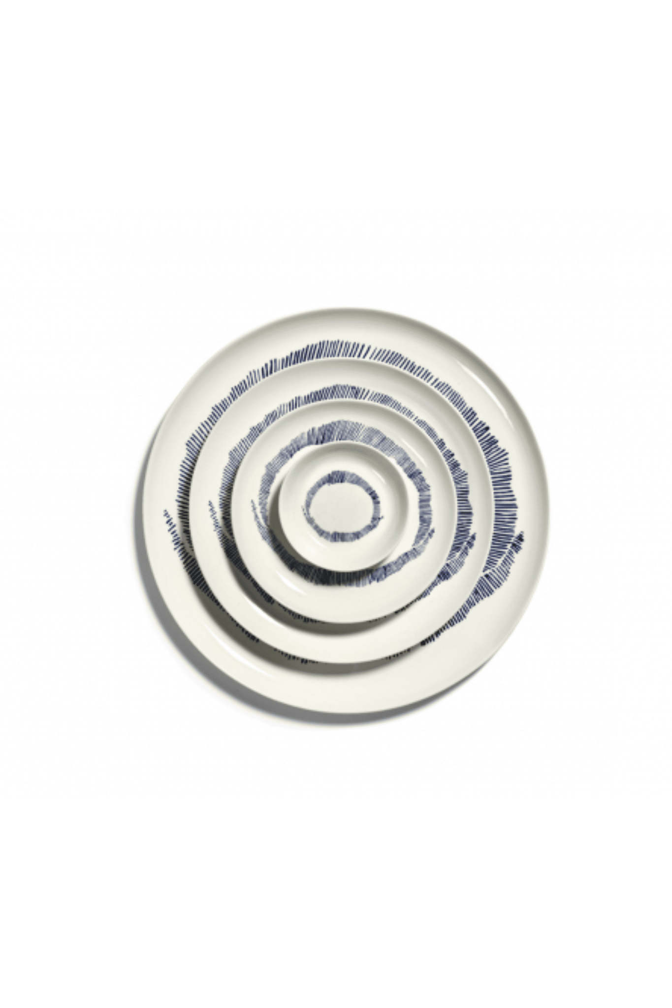 Set of 2 Small Plates, White Swirl with Blue Stripes Ottolenghi Serax, top view stacked with various plate sizes