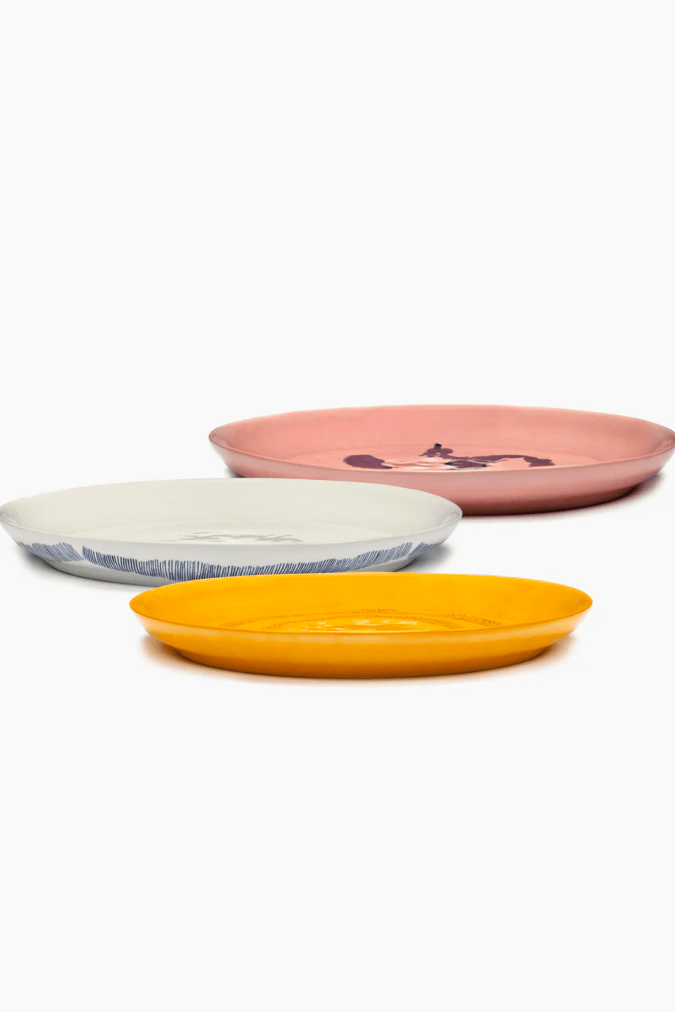 Small Serving Plate, White Swirl with Blue Stripes Ottolenghi Serax, shown with other serving plates